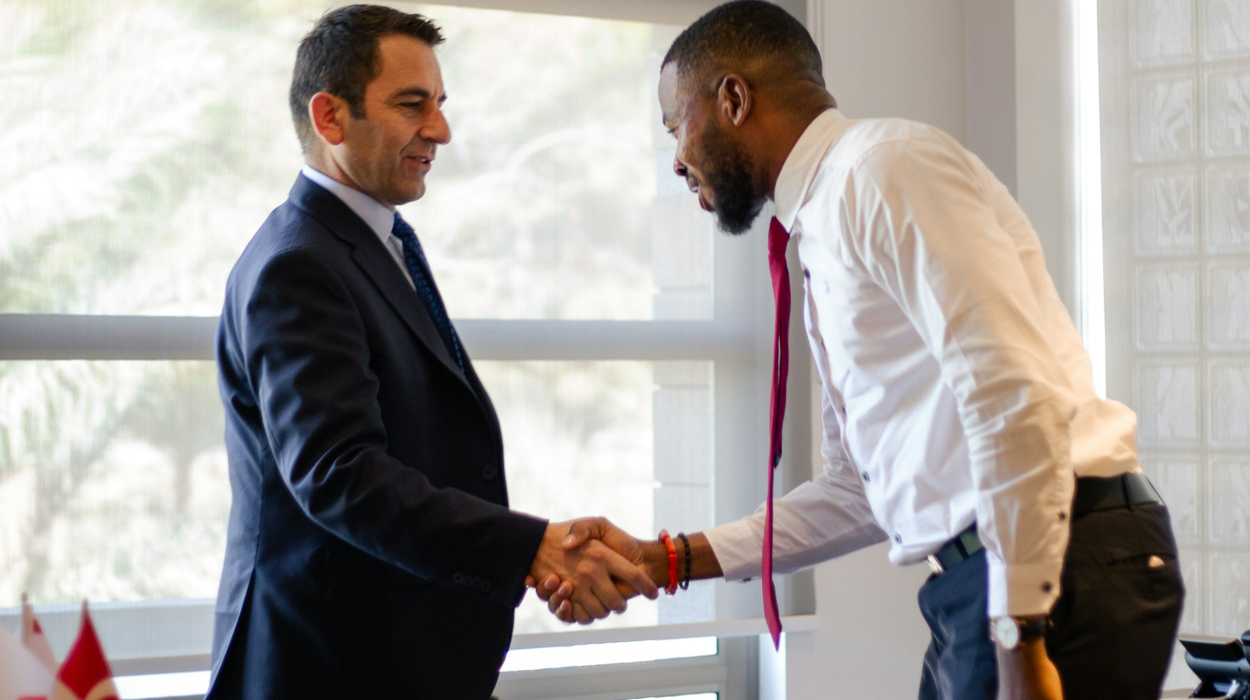 Two businessmen shaking hands in a bright office in front of a window.